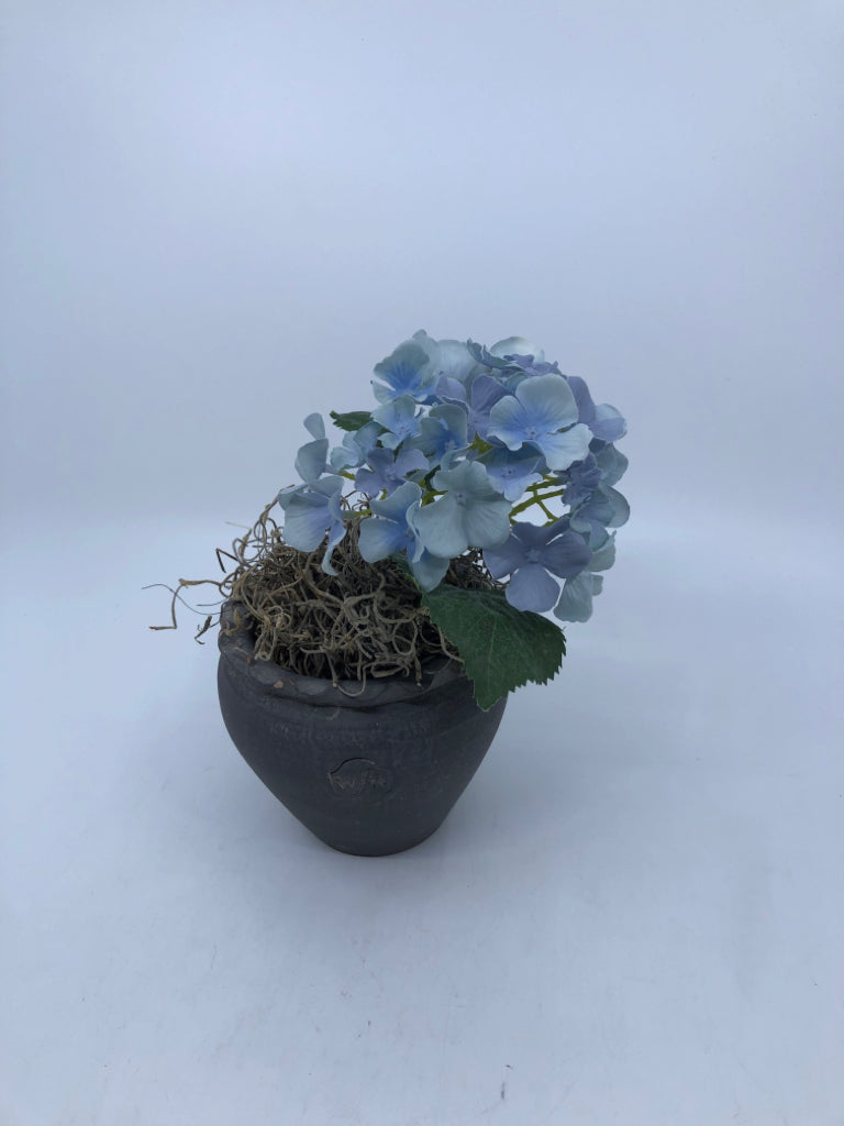 FAUX BLUE HYDRANGEAS IN GREY PLANTER.