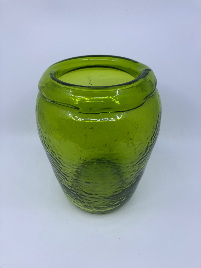 HEAVY GREEN GLASS VASE.