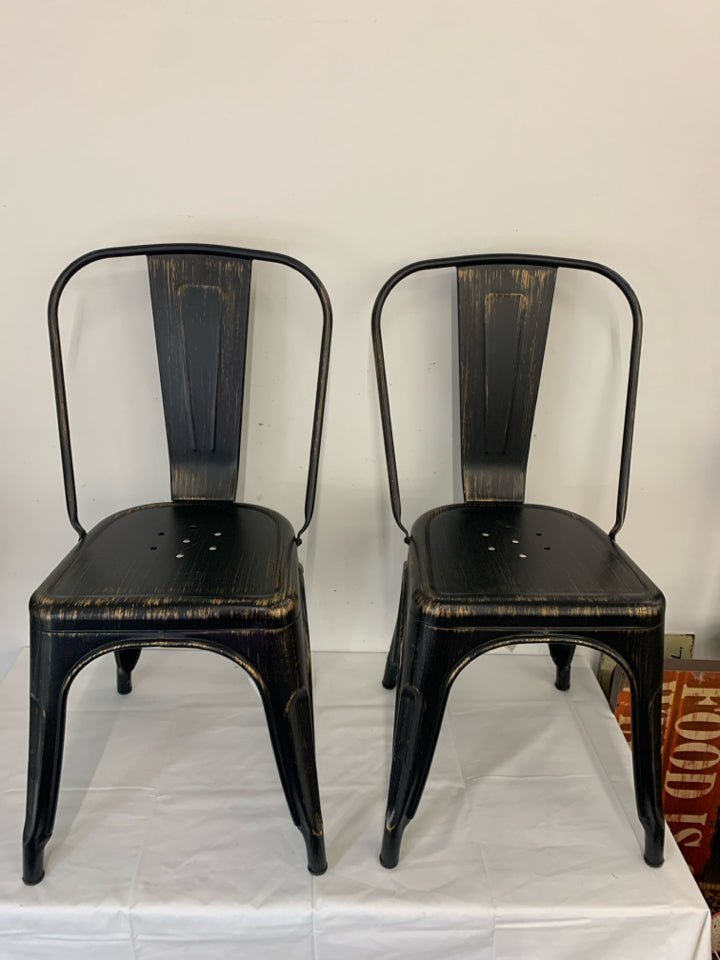 2 BLACK W GOLD ACCENT METAL CHAIRS.