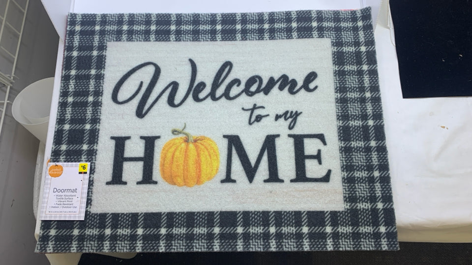 WELCOME TO MY HOME PLAID DOORMAT.