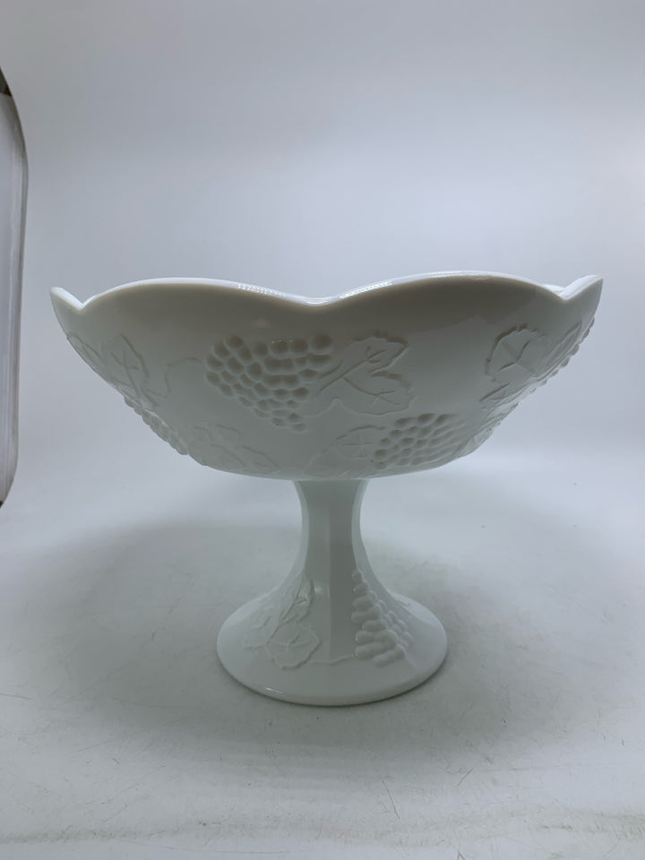 VTG MILK GLASS PEDESTAL BOWL W/ EMBOSSED GRAPE PATTERN.