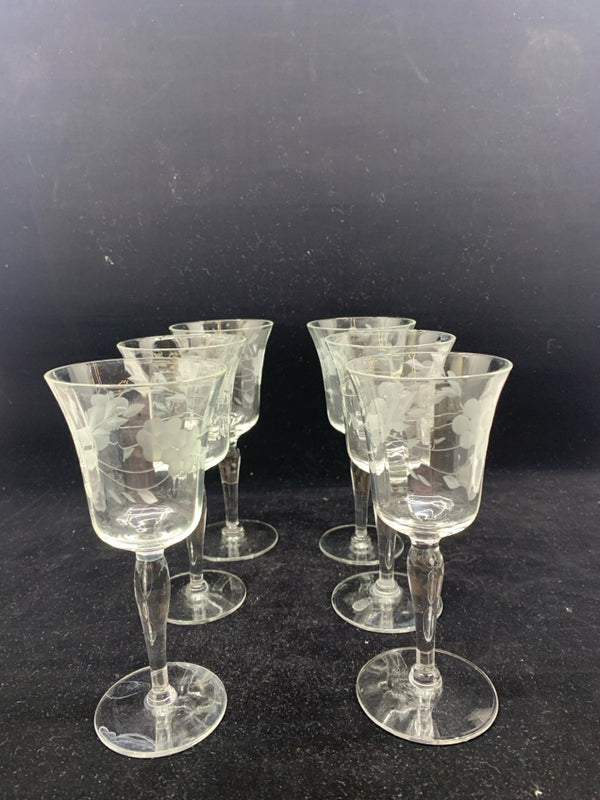 6 ETCHED WINE GLASSES.