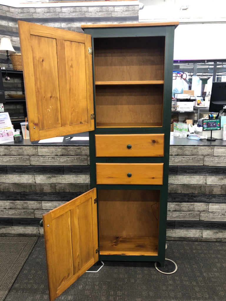 TALL WOOD PAINTED GREEN 2 CABINET W/ 2 DRAWER THIN CABINET.