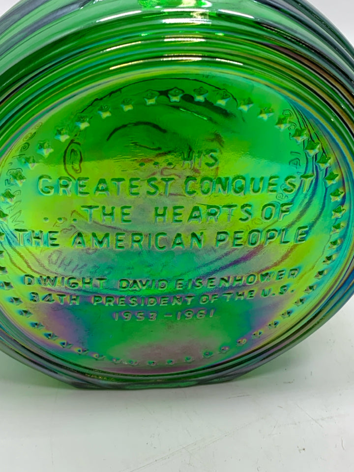 VTG GREEN IRIDESCENT GLASS EISENHOWER EMPTY BOTTLE.