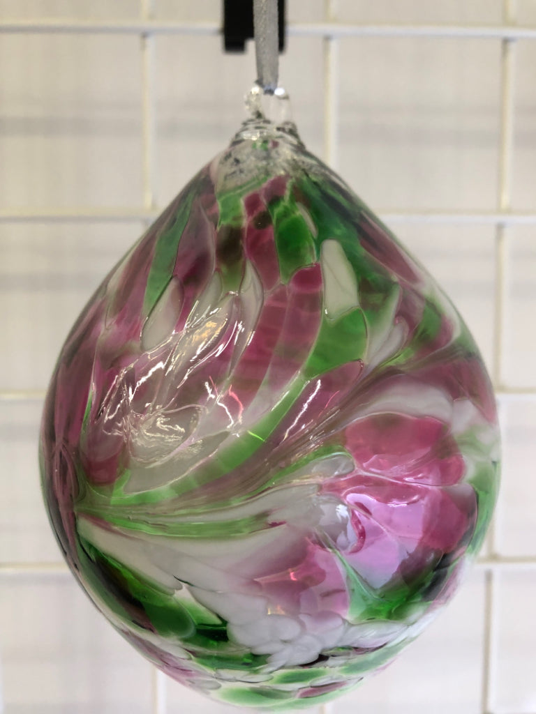 HAND BLOWN SPHERICAL PINK & GREEN ORNAMENT.
