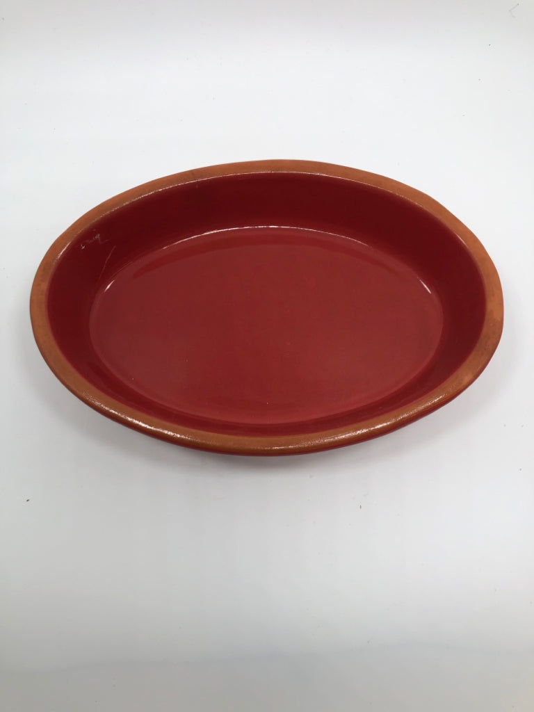 RED POTTERY CASSEROLE DISH.