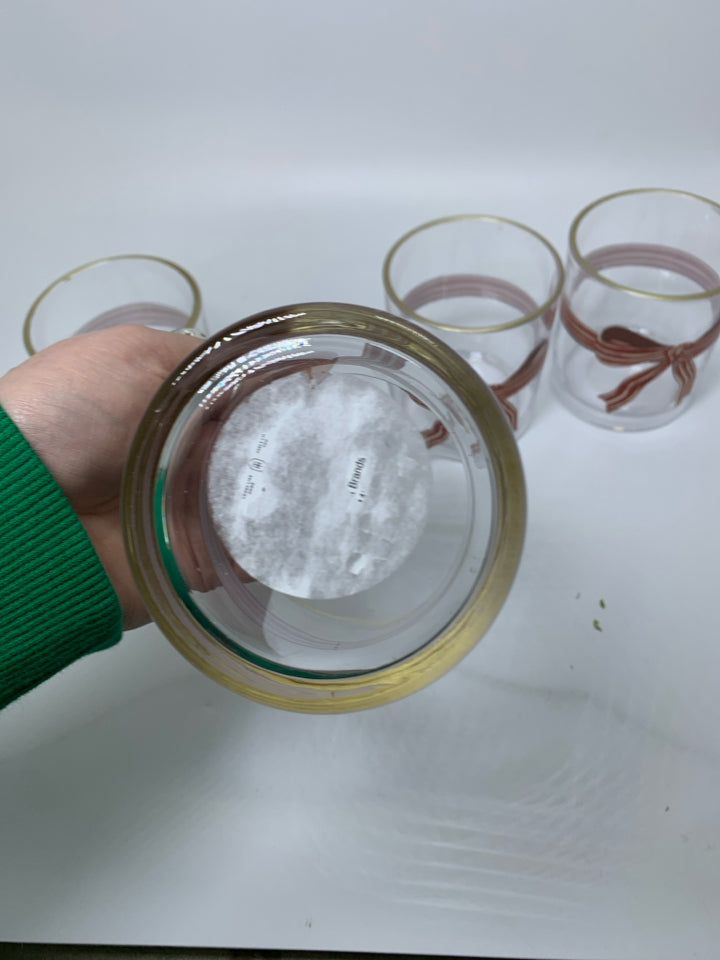 4 SHORT RED/WHITE BOW GLASSES.