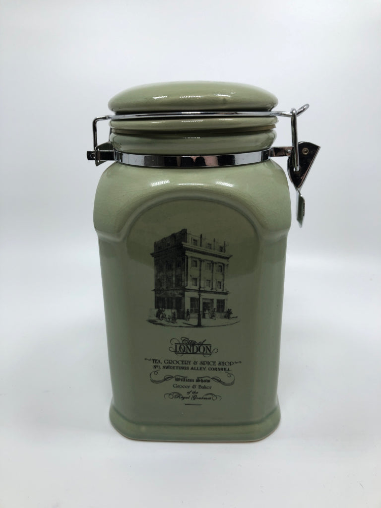 CITY OF LONDON CERAMIC CANISTER W/LOCKING LID.