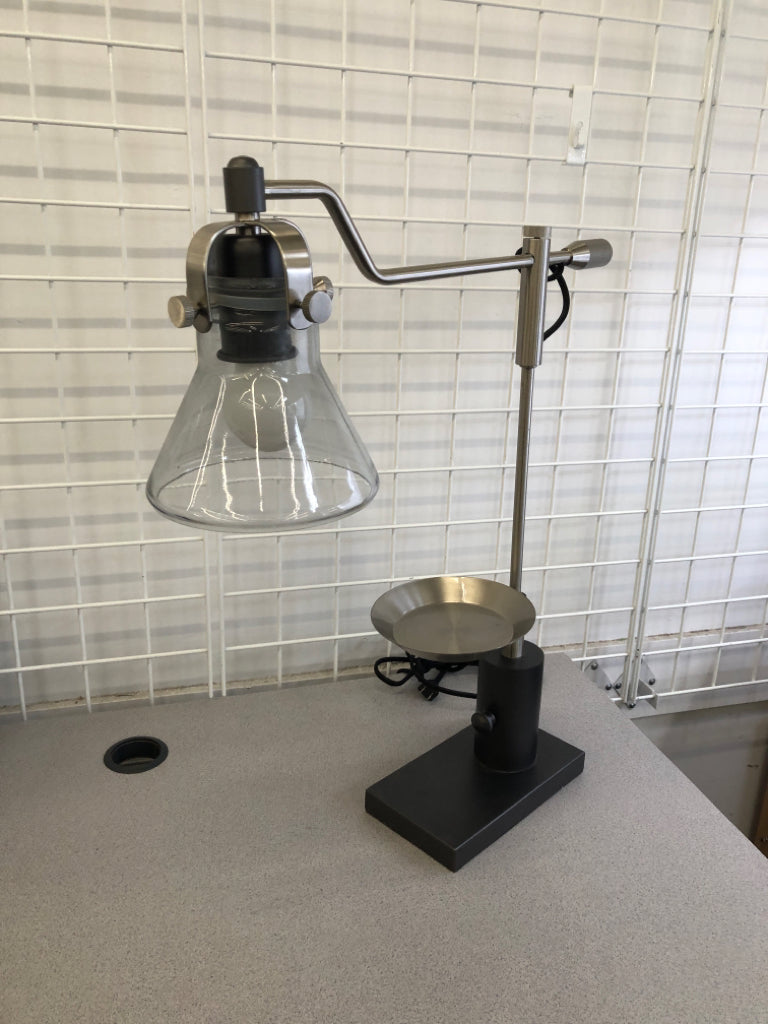 GREY LAMP W/SILVER TRINKET DISH&CLEAR SHADE.