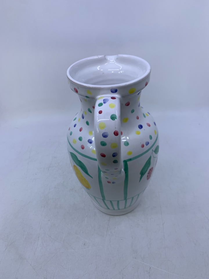 WHITE PITCHER W/ COLORED POLKA DOTS/FRUIT.