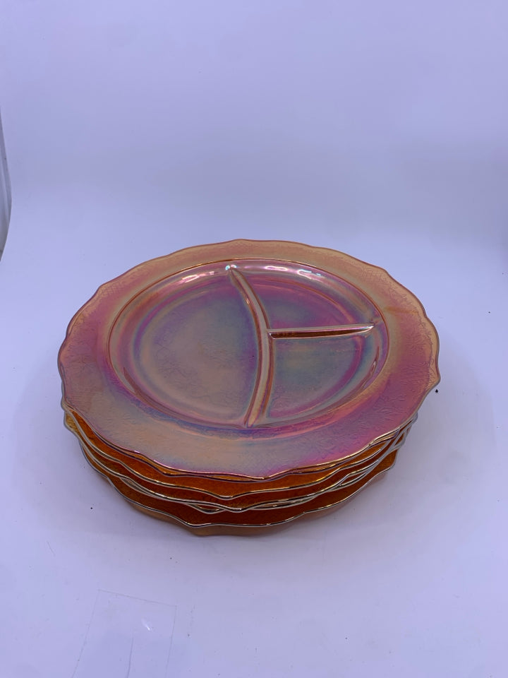 6 VTG CARNIVAL GLASS DIVIDED DINNER PLATES.