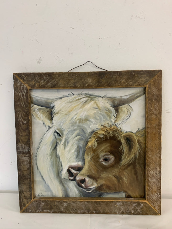 2 FURRY COWS WALL ART W/ DISTRESSED FRAME WHITE/BROWN.