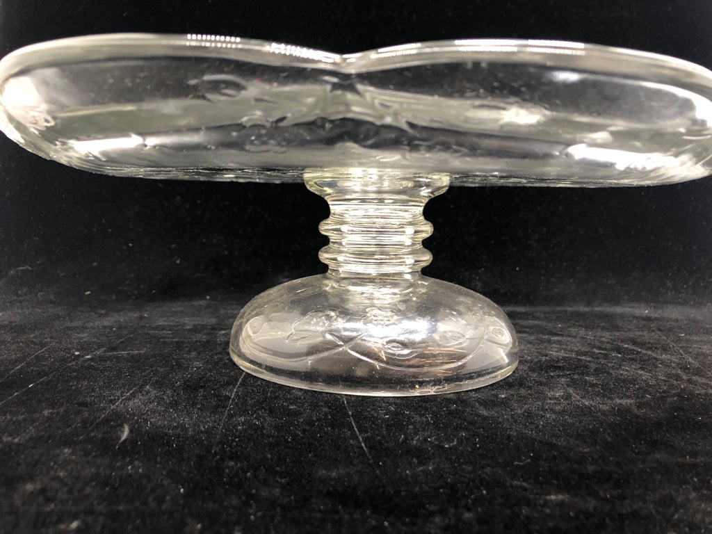 GLASS CAKE STAND W/ROSE ETCHING.