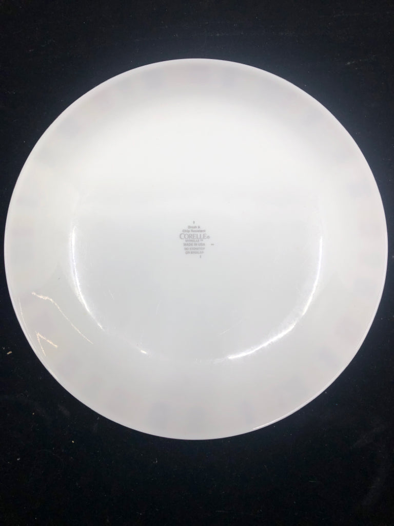 6 COLORFUL SQUARE RIMMED PATTERN CORELLE DINNER PLATES.