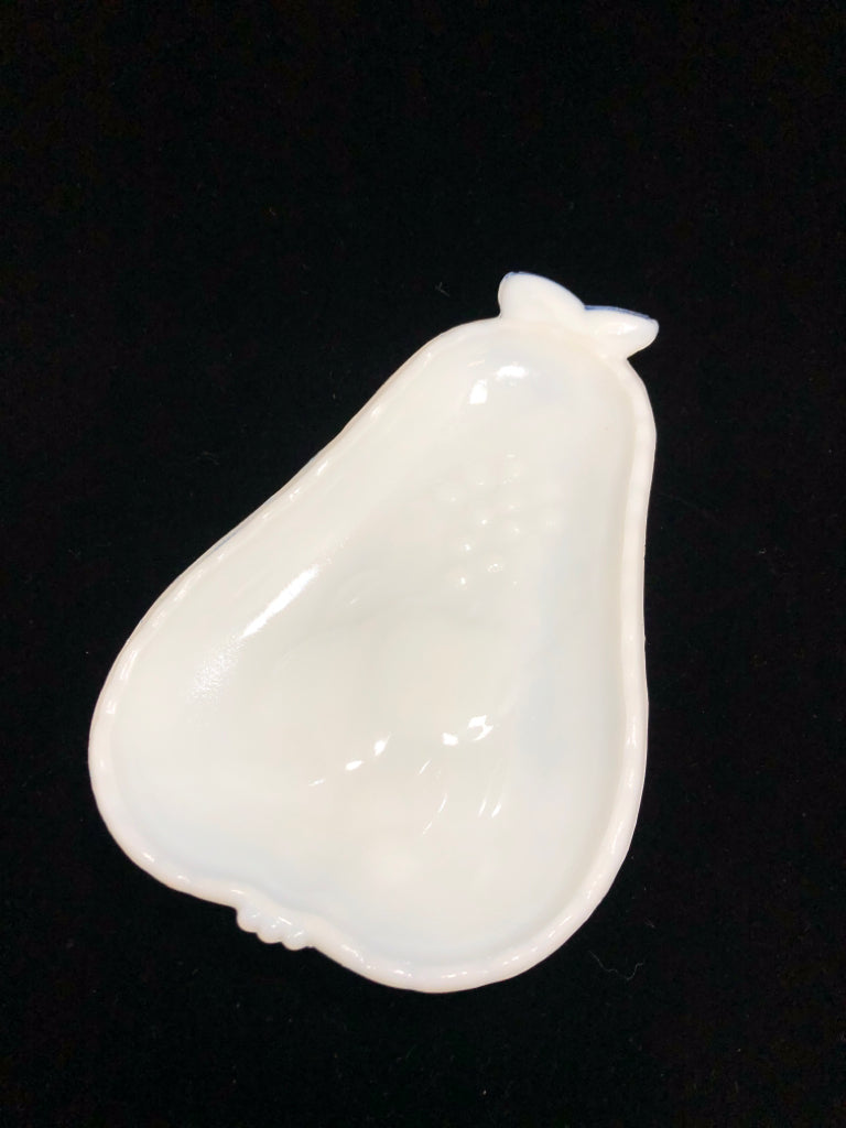 VTG FRUIT PRESSED MILK-GLASS PEAR DISH.