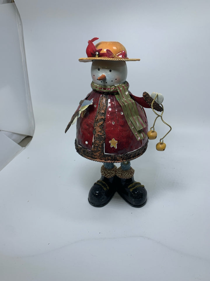 METAL STANDING SNOWMAN W/ RED SHIRT ASSORTED BIRDS TEA LIGHT HOLDER.