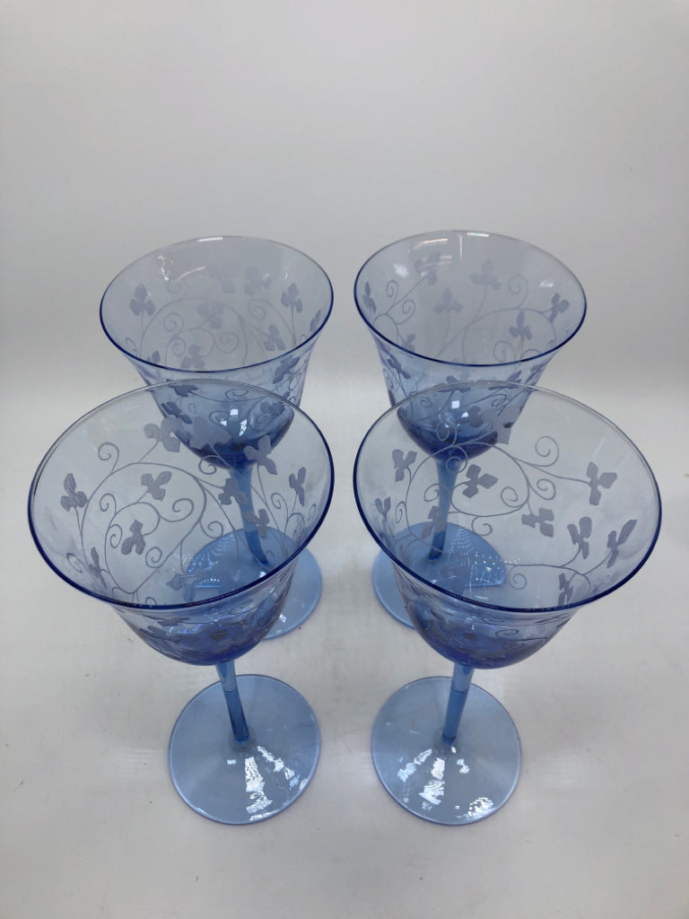 4 BLUE FLORAL ETCHED WINE GLASSES.