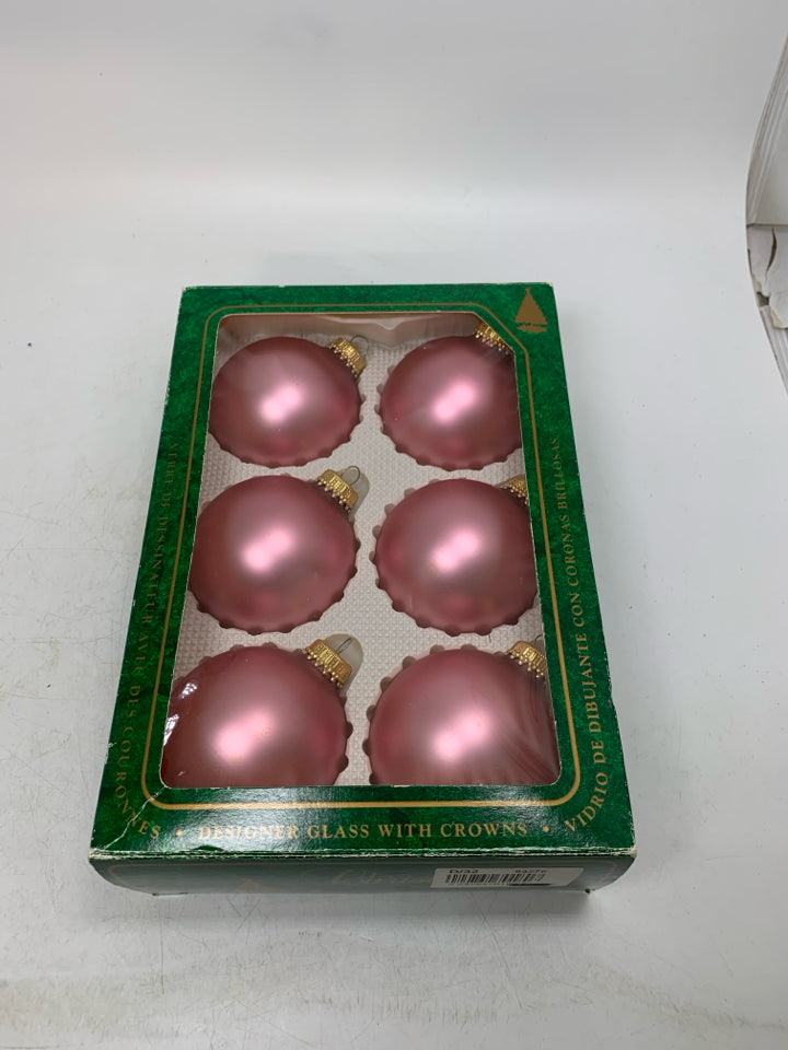 6 LIGHT PINK GLASS ORNAMENTS IN BOX CHRISTMAS BY KREBS.