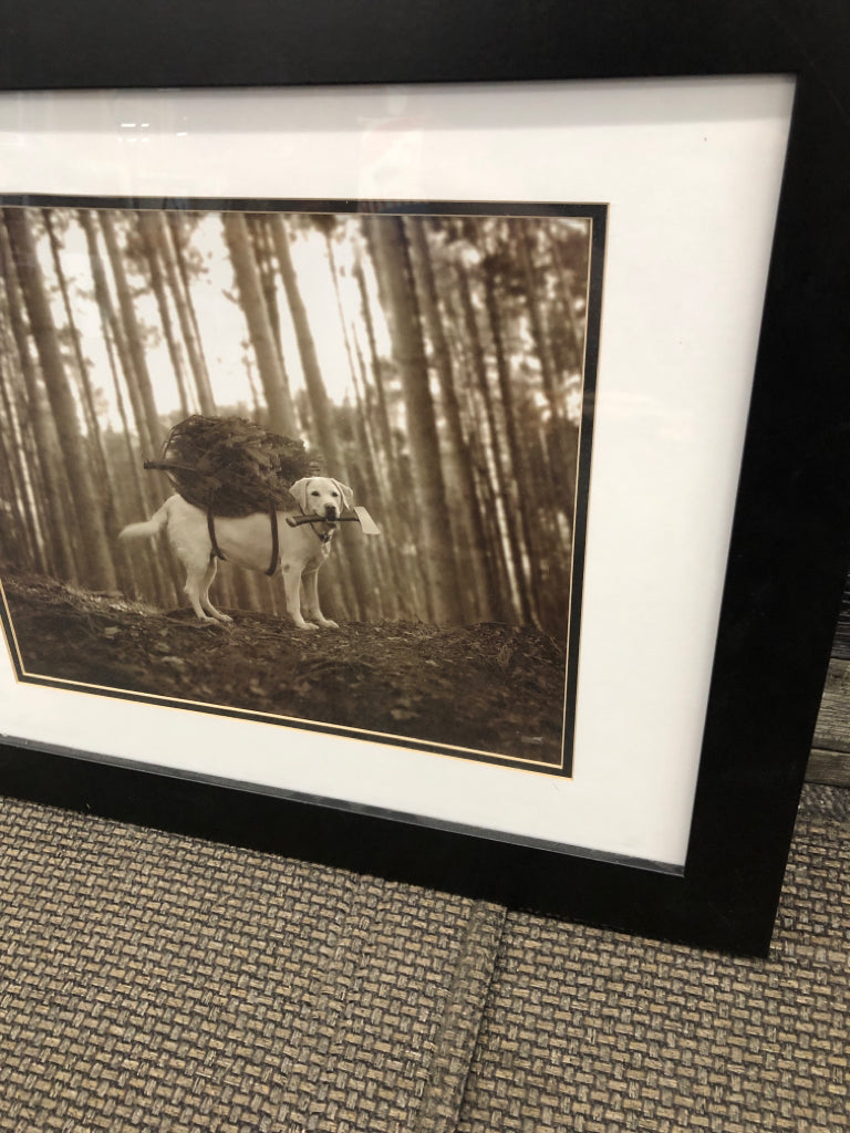 DOG CUTTING DOWN TREE IN BLACK FRAME WALL ART.