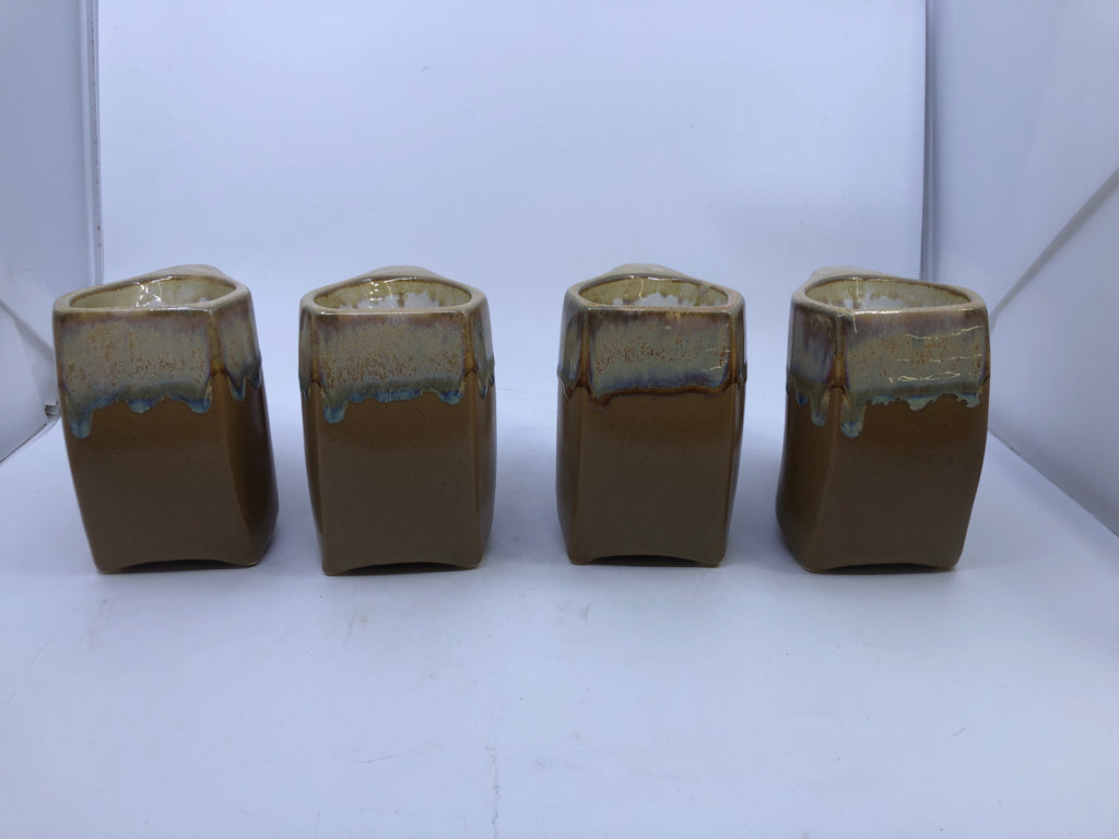 4 LARGE TAN DRIP POTTERY MUGS.