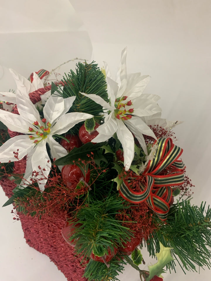 RED STAR BASKET W FAUX WHITE POINSETTIA.