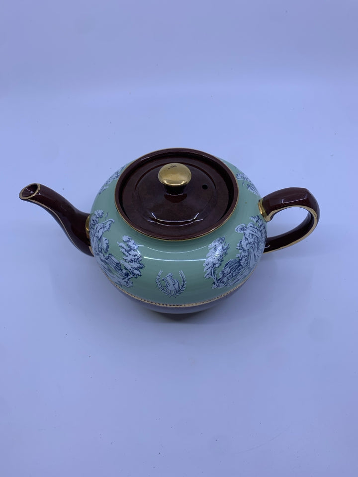 VTG BROWN TEA POT W/ MINT GREEN+ GOLD ACCENTS.