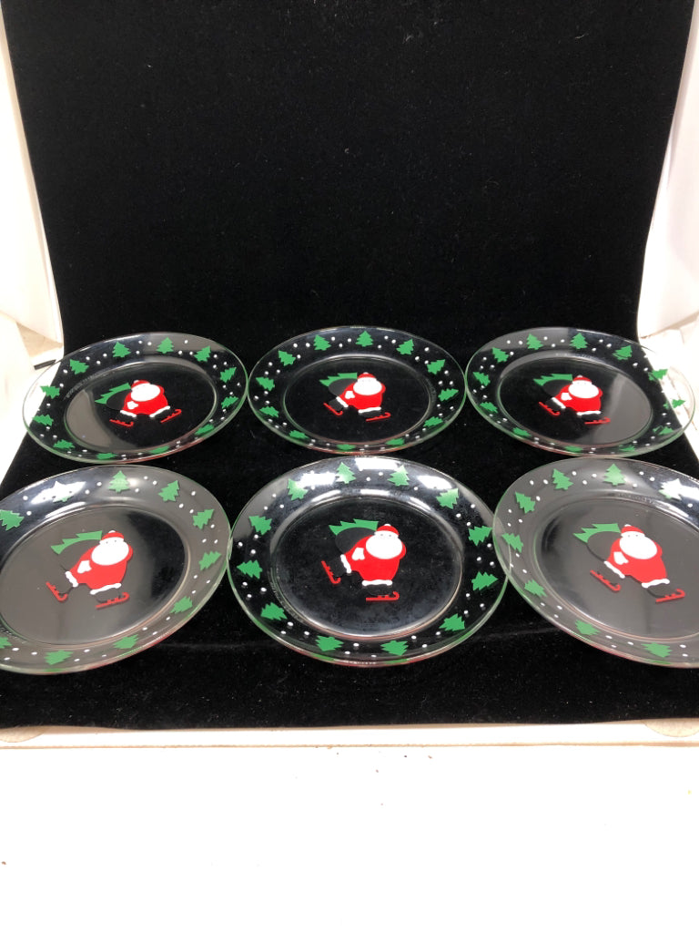 6 SKATING SANTA GLASS PLATES.