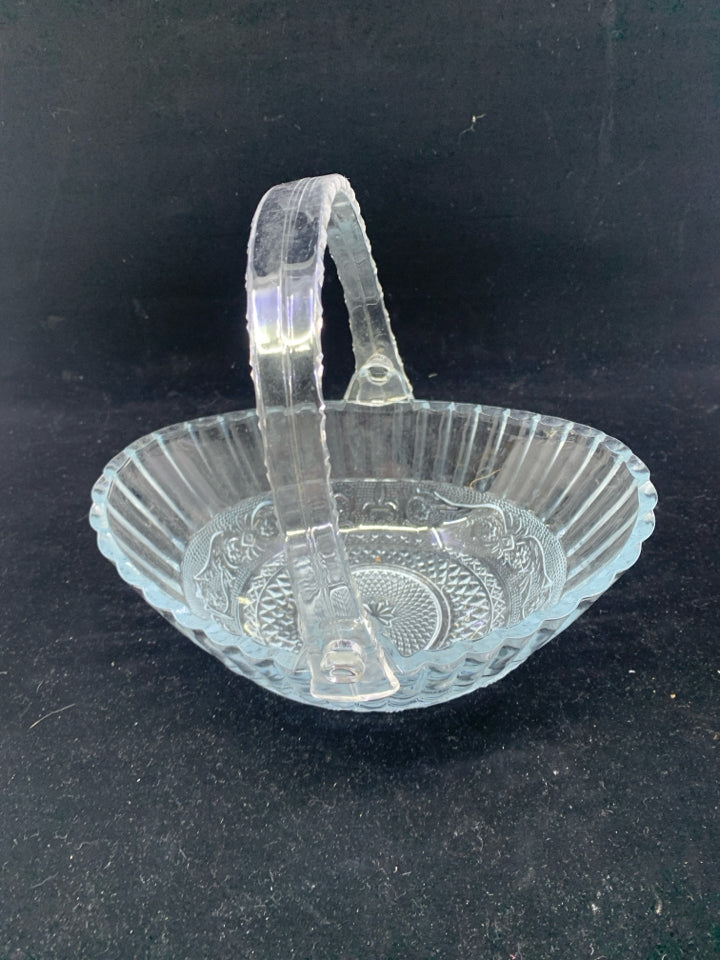 CUT CLEAR GLASS BASKET W PLASTIC HANDLE.