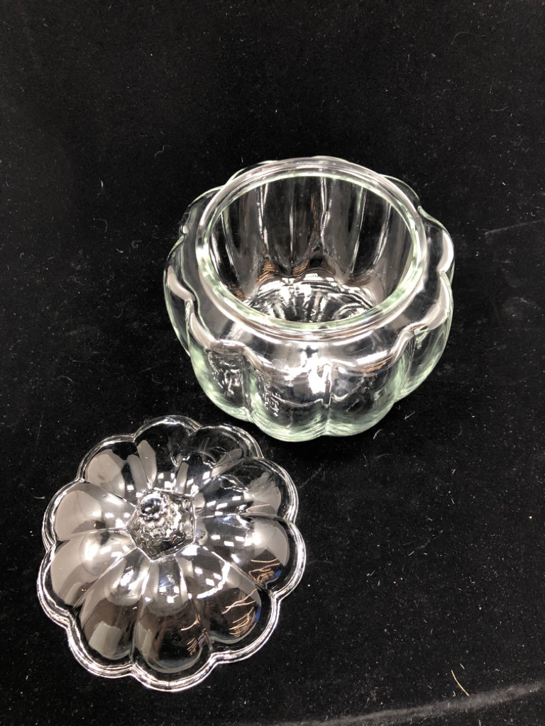 CLEAR GLASS PUMPKIN CANISTER.