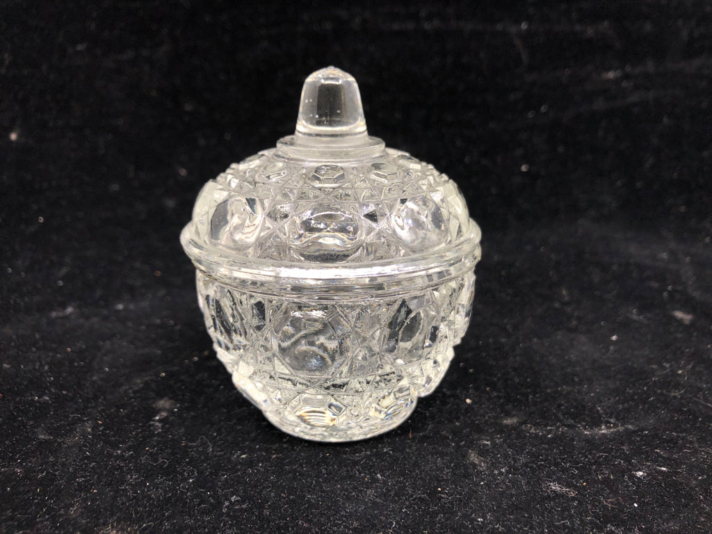 SMALL CUT GLASS SUGAR BOWL W LID.