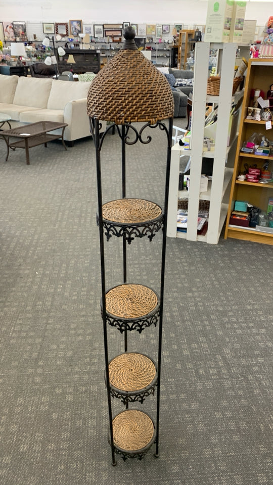 4 TIER BLACK METAL ROUND PLANT SHELF W/WOVEN DOME TOP.