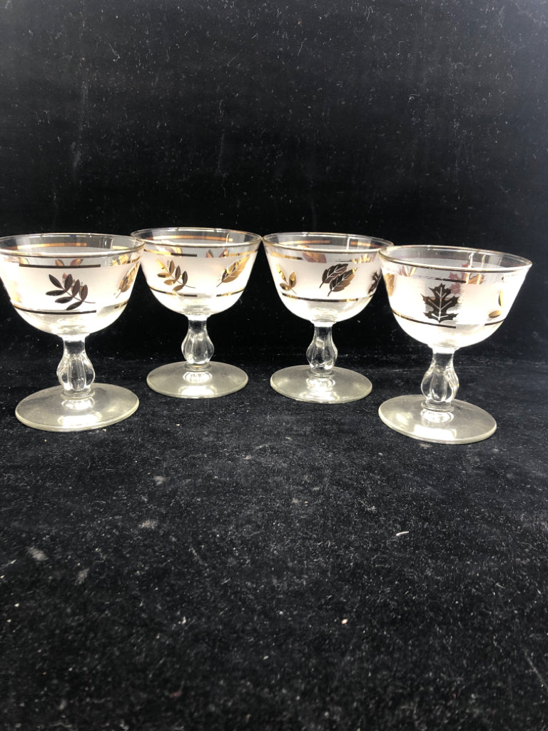 4 VTG GOLD LEAF DESSERT GLASSES.