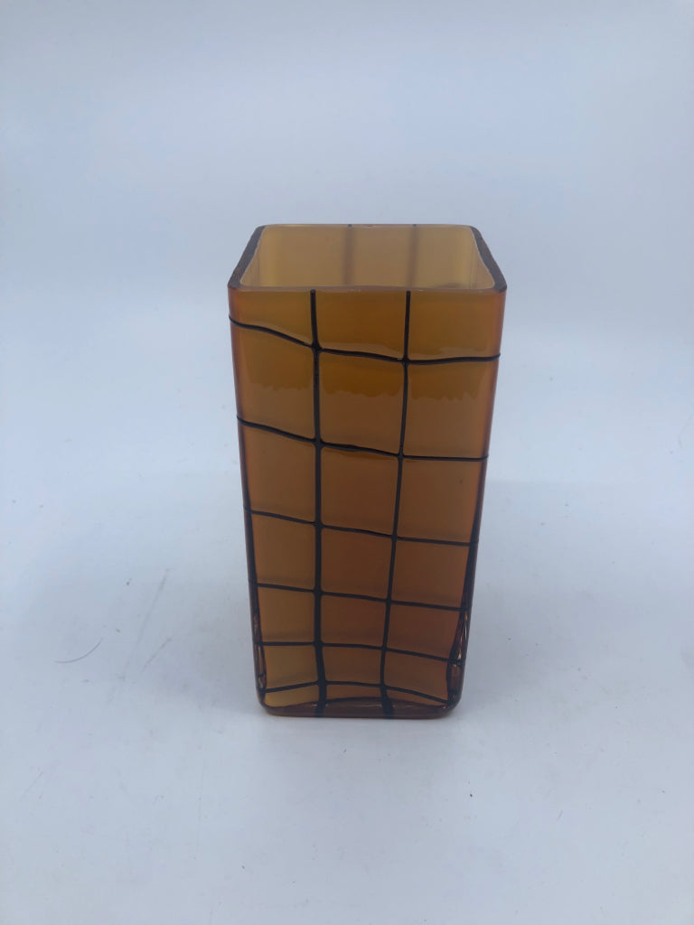 ORANGE AND BLACK SQUARE VASE.