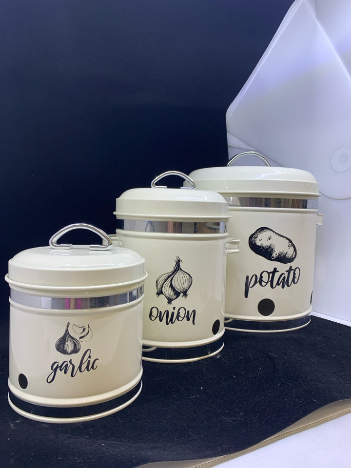 3PC VEGGIE CANISTER-POTATO, ONION, GARLIC.