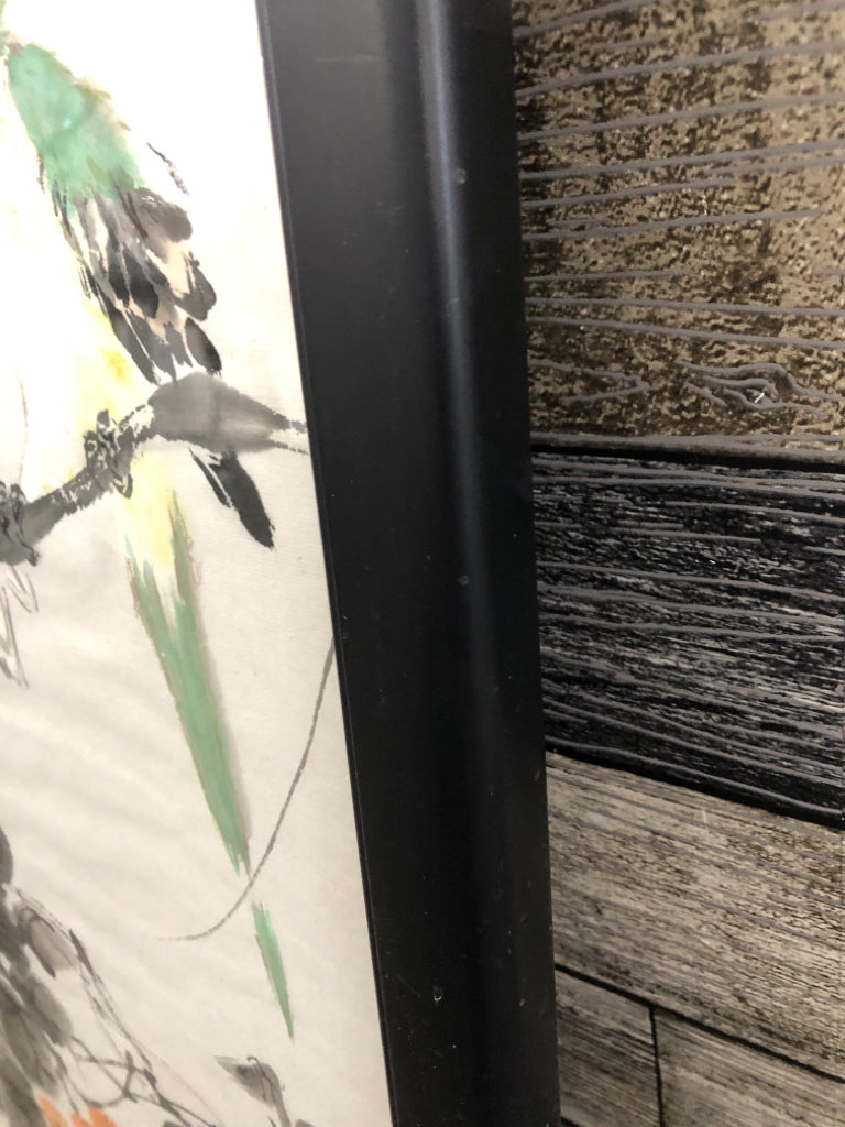 WATERCOLOR BIRDS AND FLOWERS IN BLACK FRAME.