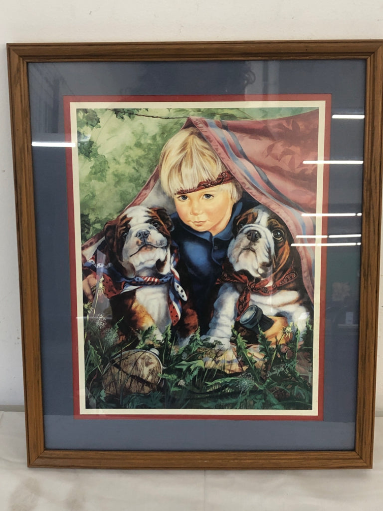 BOY W/2 DOGS FRAMED WALL HANGING.