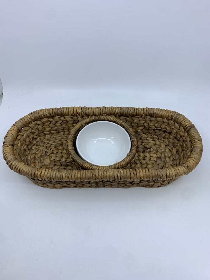 OVAL WICKER SERVING TRAY W DIP INSERT.