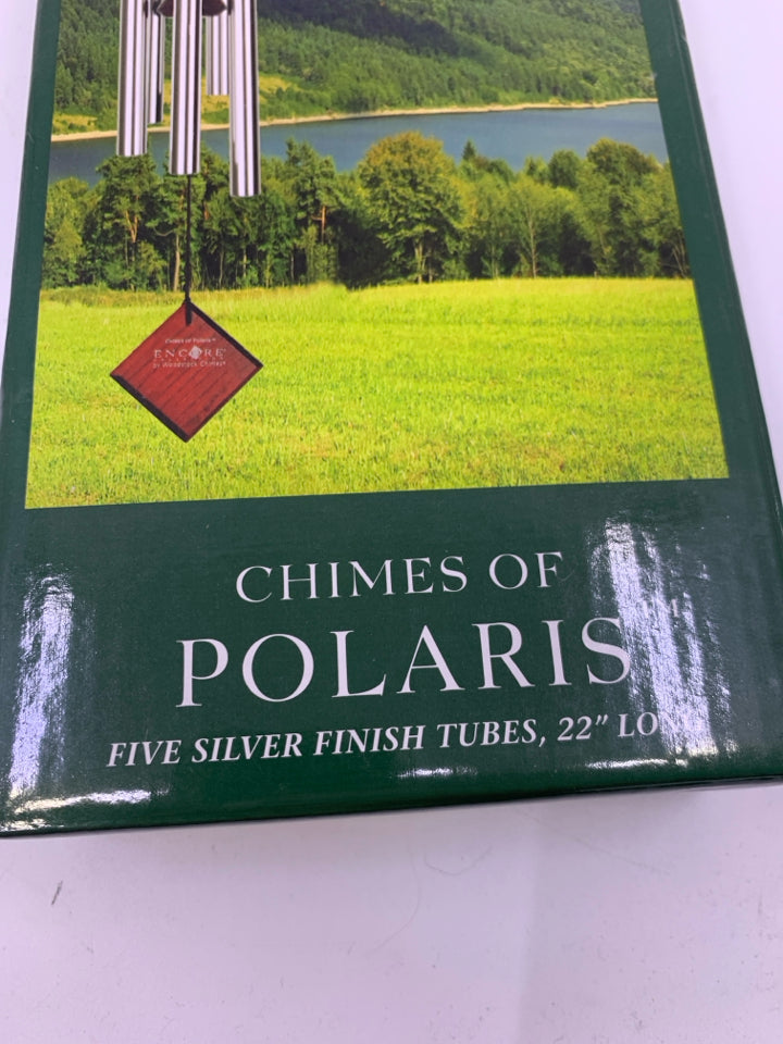 NIB WOODSTOCK CHIMES OF POLARIS 5 SILVER FINISH TUBES.