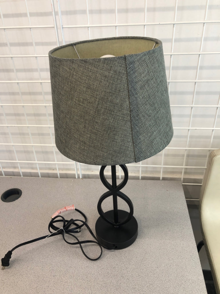LOOP-BASE LAMP W/GRAY SHADE.