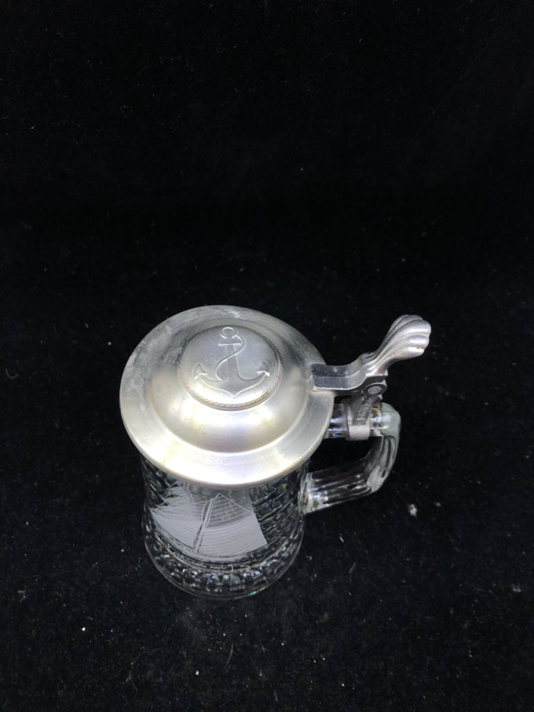 SAILBOAT ETCHED CLEAR STEIN GLASS.