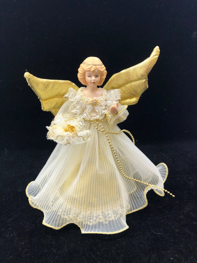 PORCELAIN ANGEL TREE TOPPER WHITE DRESS.