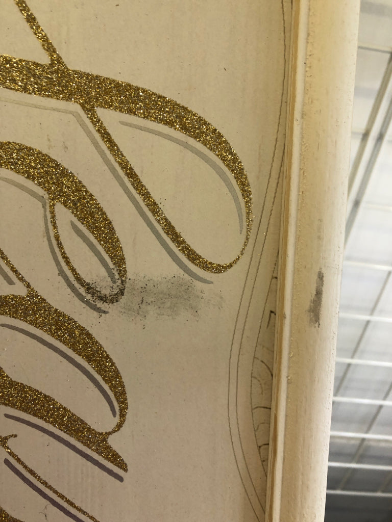 WHITE "SEASON'S GREETINGS" GOLD/SILVER WOOD SIGN.