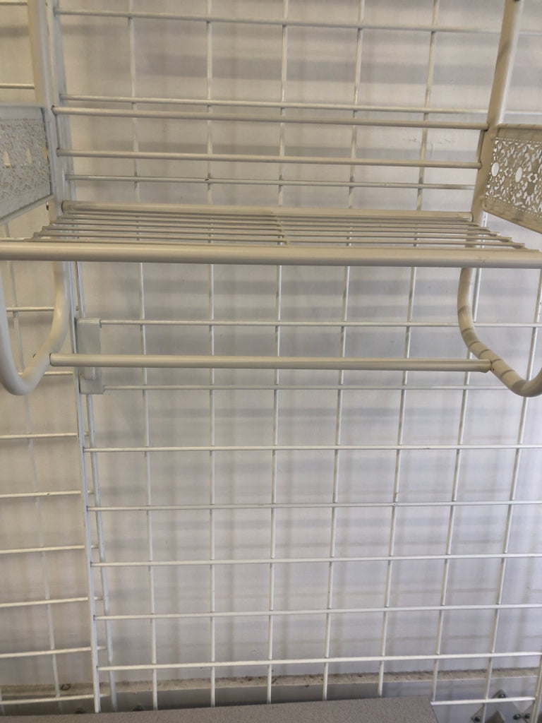 WHITE METAL 2 TIER SHELF W/ LACE DETAIL SIDES/ TOWEL RACK.