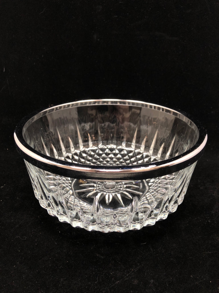 CUT GLASS DIAMOND POINT BOWL W/SILVER RIM.