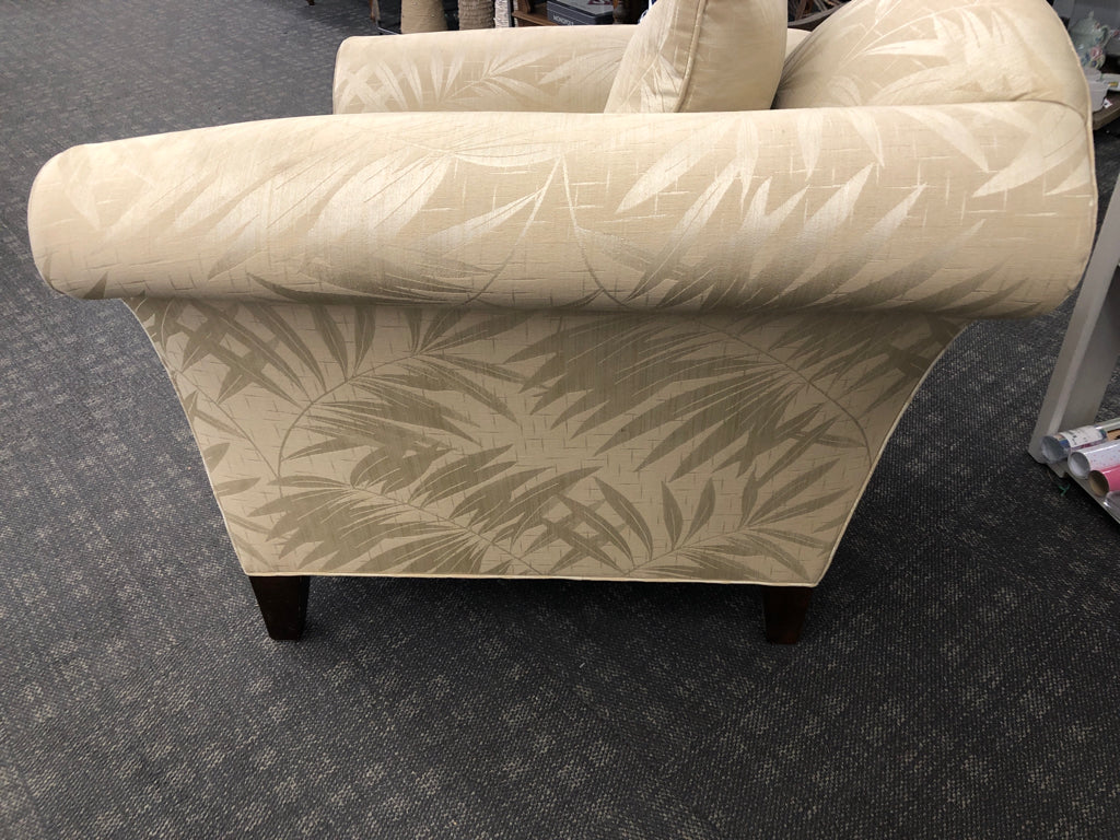 CREAM W/LEAF PRINT ACCENT CHAIR CURVED BACK & PILLOW,ORIGINAL PAPERS INCLUDED.
