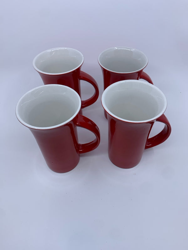 4 RED TALL MUGS.