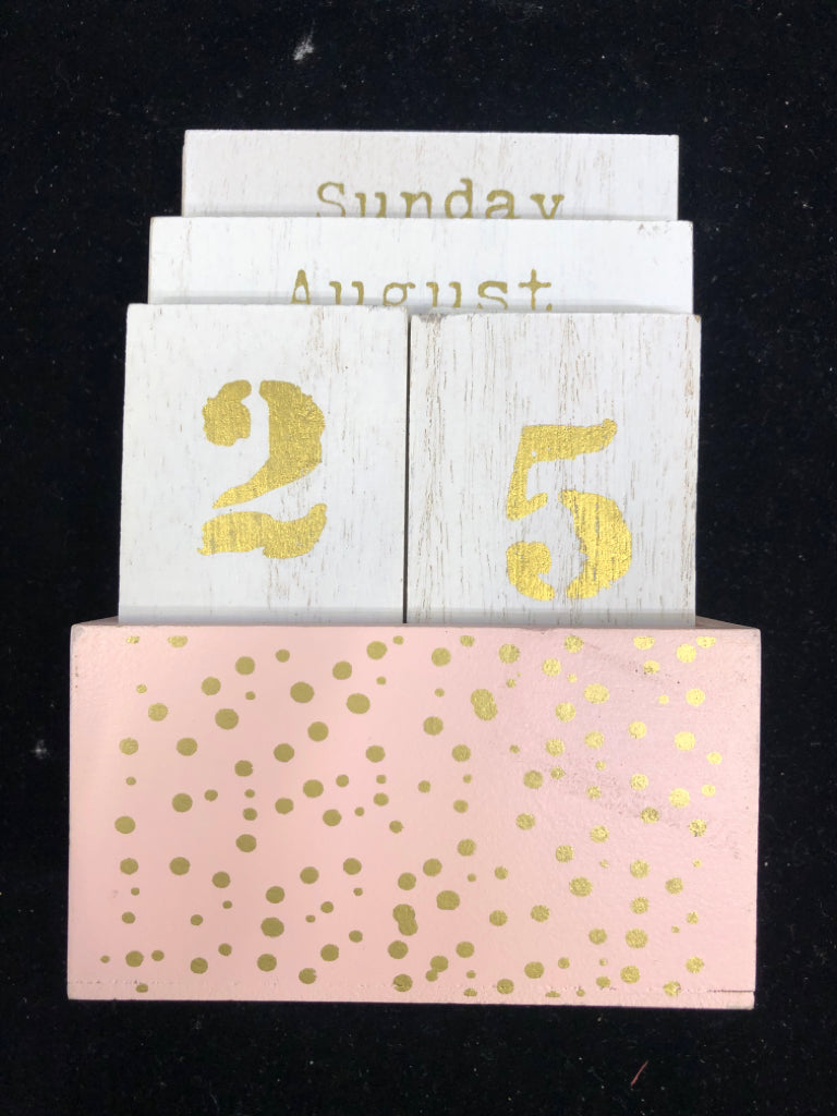 WOOD BOX PERPETUAL CALENDAR PINK/GOLD/WHITE.