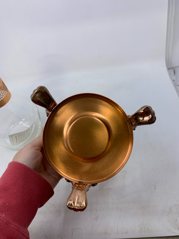 VTG GLASS + COPPER COFFEE POT WITH WARMING STAND.