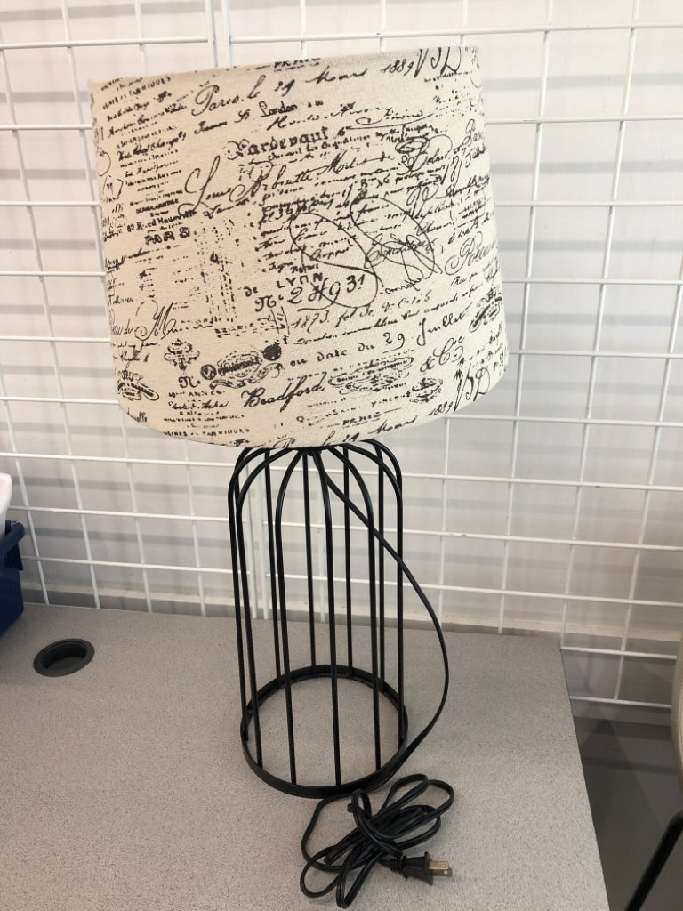 INDUSTRIAL LAMP W/SCRIPT SHADE.