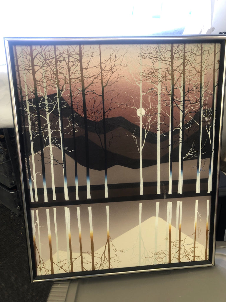 ABSTRACT TREES PAINTING W/ MOUNTAINS BLACK/SILVER FRAME.